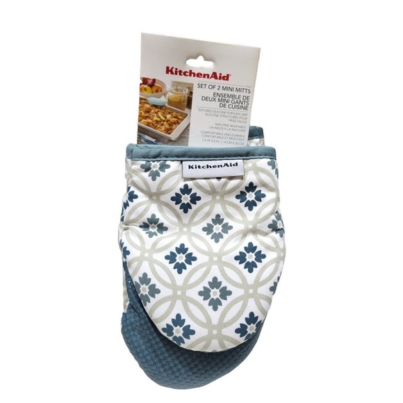 NEW KitchenAid Mini Oven Mitts Floral Tile Pattern [Blue & Gray] (Set of 2) - Picture 1 of 4